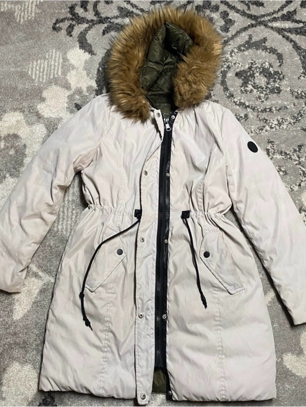 Apt. 9 Ivory Cream Hooded Anorak Puffer Parka Jacket Coat with Faux Fur Trim